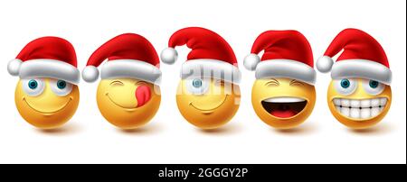 Set vettore sorridente di Natale. Personaggi emoji xmas che indossano la collezione di icone di santa Red Hat isolato su sfondo bianco per elementi grafici di design. Illustrazione Vettoriale