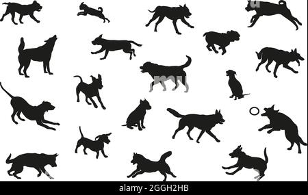 Gruppo di cani di razza diversa. Silhouette nera per cani. Correre, stare in piedi, camminare, saltare e sedersi cani. Isolato su sfondo bianco. Animali domestici. Illustrazione Vettoriale