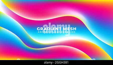 Bello arcobaleno ondulato fluido gradiente sfondo. Forme 3D liquide colorate astratte. Modello futuristico di disegno di carta da parati per banner, poster, copertina, Illustrazione Vettoriale