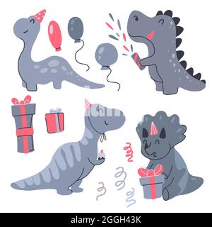 Set di piccoli dinosauri felici festeggiano il compleanno. Festa. Vettore bambino cartoon bambino dinosauro, palloncini e scatole regalo. Arredamento alla moda in grigio Illustrazione Vettoriale