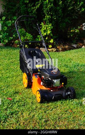 Tosaerba a benzina 4 tempi Voltor 139cc con valvola a soffitto, Calahonda, Spagna. Foto Stock