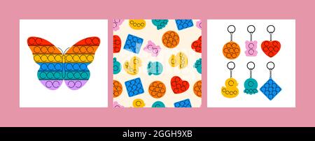 Set di illustrazione vettoriale di fidgets sensoriali trendy. Giocattoli antistress arcobaleno con trinket. Ripetizione senza giunture Illustrazione Vettoriale