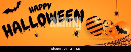Halloween felice banner o partito invito sfondo con pipistrelli, palloncini e ragni. Illustrazione vettoriale Illustrazione Vettoriale