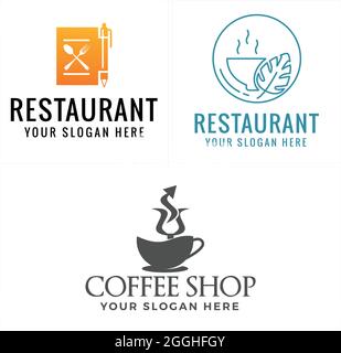 Ristorante Food drink caffetteria con ciotola foglia e tazza tridente nero logo design Illustrazione Vettoriale