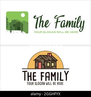 Hotel bungalow villa affitto montagna campeggio avventura foresta logo design Illustrazione Vettoriale