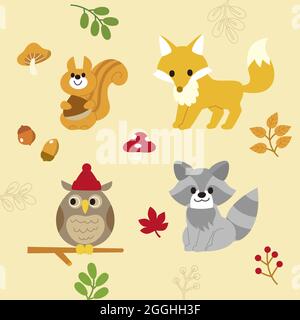 Gli animali autunnali disegnati a mano impostano l'illustrazione vettoriale. Illustrazione Vettoriale