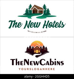 Hotel bungalow villa affitto montagna campeggio avventura ricreazione vacanza foresta logo design Illustrazione Vettoriale