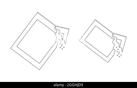 Contorni delle bustine con zucchero versante, sale, caffè, sciogliere la polvere del medicinale. Tratto modificabile. Icone a linea sottile. Illustrazione lineare vettoriale. Illustrazione Vettoriale