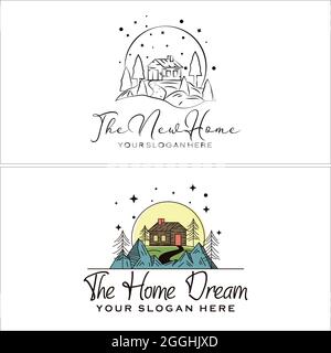 Bungalow villa casa schizzo montagna casa soggiorno avventura logo design Illustrazione Vettoriale