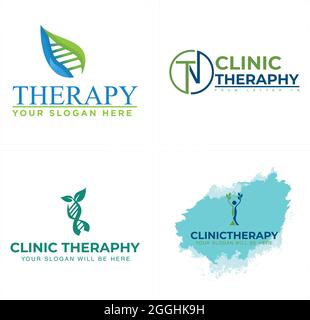 Terapia clinica con icona DNA Helix e People Tree Plant logo design Illustrazione Vettoriale