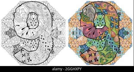 Design artistico dipinto a mano. Pagina di colorazione anti-stress per adulti. Bianco e nero illustrazione disegnata a mano mandala con numero nove per colorare libro colorato a Illustrazione Vettoriale