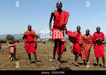 I guerrieri Maasai che eseguono tradizionali balli di salto nella Riserva Nazionale Maasai Mara. Foto Stock