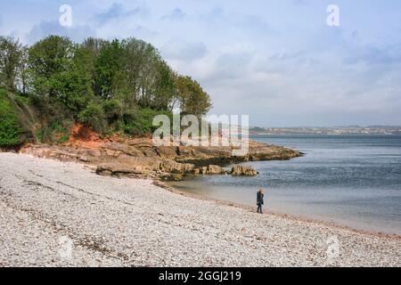 Woman Beach, vista di una donna in piedi da sola in una posa premurosa mentre si visita Elberry Cove a South Devon, Inghilterra, Regno Unito Foto Stock