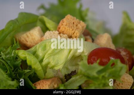 Primo piano di una porzione di insalata da giardino. Punti di messa a fuoco selettivi. Sfondo sfocato Foto Stock