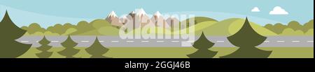 Strada e paesaggio di montagna. Fondo design piatto. Illustrazione vettoriale Illustrazione Vettoriale
