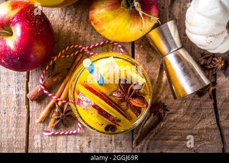 Boozy Pumpkin Party Punch, sangria di ringraziamento con succo di zucca, mela, pera e spezie, fondo in legno accogliente con maglione caldo e ingredienti c Foto Stock