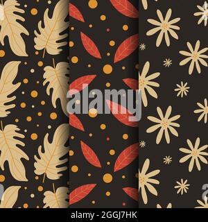 Esotica astratta fogliame floreale senza cuciture set. Illustrazione vettoriale Illustrazione Vettoriale