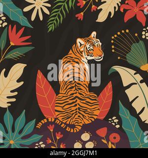 Tiger nel poster della carta della giungla, illustrazioni floreali disegnate a mano del fogliame. Illustrazione Vettoriale
