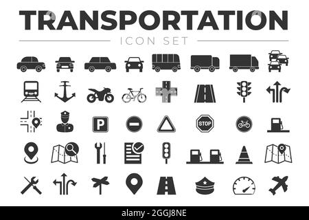 Set di icone per il trasporto con veicoli, semafori, auto, camion, strada, Moto, bicicletta, treno, aereo, segnaletica, Stazione di benzina, poliziotto, Marina, Illustrazione Vettoriale