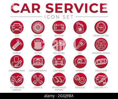 Icone a profilo circolare per manutenzione auto rosse impostate con batteria, olio, cambio marcia, filtro, lucidatura, Chiave, volante, diagnostica, lavaggio, specchietto, IC fari Illustrazione Vettoriale