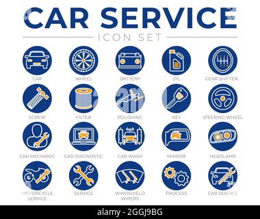 Icone a profilo circolare per il servizio auto con batteria, olio, cambio marcia, filtro, lucidatura, Chiave, volante, diagnostica, lavaggio, specchietto, Icone dei fari Illustrazione Vettoriale
