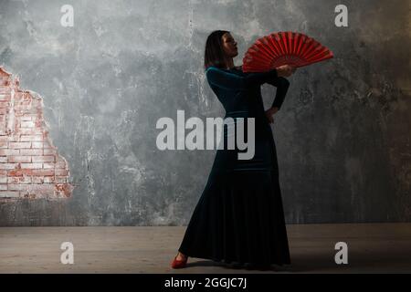 Giovane adulta spagnola donna che balla flamenco in uno studio d'epoca grigio sfondo Foto Stock