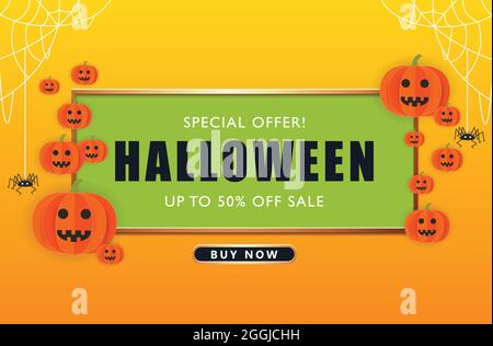 Halloween carta taglio sfondo, illustrazione vettoriale. Felice Halloween carta taglio disegno. Halloween vendita banner. Illustrazione Vettoriale