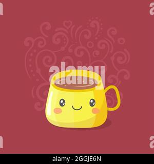 Vettore kawaii carino personaggi tazza con fumo. Illustrazione Vettoriale