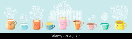 Set vettoriale di kawaii simpatici personaggi tazze con fumo. Illustrazione Vettoriale