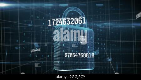 Immagine dei numeri che modificano l'elaborazione dei dati con lucchetto di sicurezza online e griglia Foto Stock