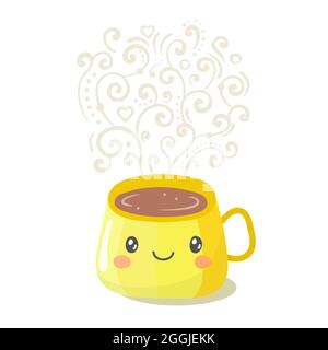 Vettore kawaii carino personaggi tazza con fumo. Illustrazione Vettoriale