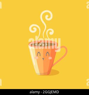 Vettore kawaii vivace e colorato carino personaggi tazza con emozione. Tazza per tè, caffè, matcha, latte con un bel fumo riccio. Moderno vettore illu Illustrazione Vettoriale