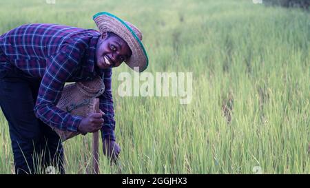 African Farmer sta lavorando felicemente sulla sua fattoria con tools.Agriculture di tenuta o concetto di coltivazione Foto Stock