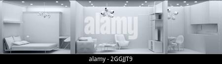 interno in sezione di tre camere di colore semplice. rendering 3d Foto Stock