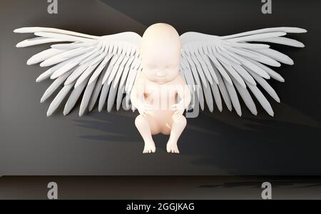 neonato umano con ali in vista frontale a raggi di luce. rendering 3d Foto Stock