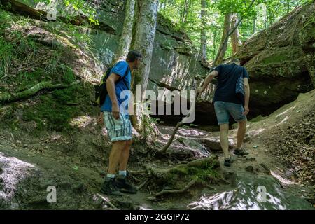 Europa, Germania, Baden-Wuerttemberg, Foresta Svevo-Franconia, Spiegelberg, Escursionisti su un sentiero rooty nella gola di Bodenbach Foto Stock