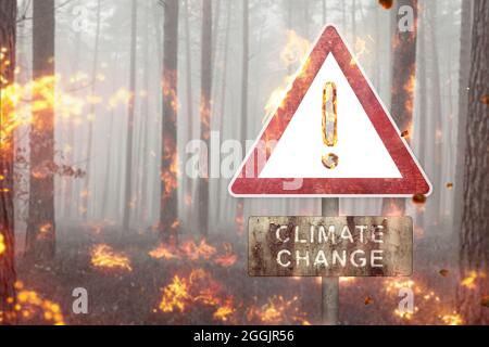 Segnale di avvertimento del cambiamento climatico in una foresta in fiamme Foto Stock