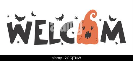 Happy Halloween , welcom - Silhouette Text Banner calligrafia creativa disegnata a mano e scritta con penna a pennello. Design per biglietto di auguri di vacanza e vita Illustrazione Vettoriale