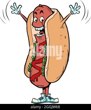 felice gioioso positivo hot dog fast food divertente personaggio mascotte, ristoranti e cibo di strada Illustrazione Vettoriale