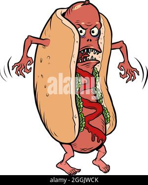 arrabbiato negativo pericoloso hot dog fast food divertente personaggio mascotte, ristoranti e cibo di strada Illustrazione Vettoriale