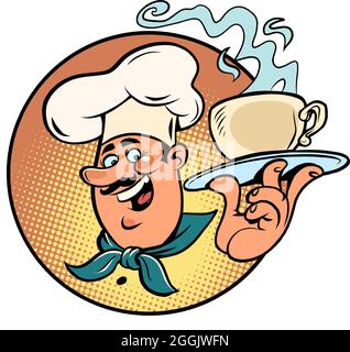 una tazza di caffè caldo nelle mani del cuoco. Cameriere nella caffetteria e nel ristorante Illustrazione Vettoriale