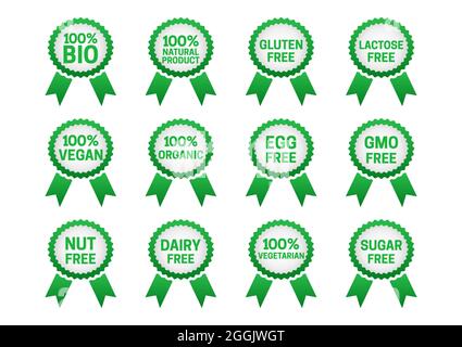 Set di 100% bio, naturale, organico, vegano, icone di badge vegetariano e glutine, lattosio, uovo, OGM, noci, Latticini, senza zucchero nastri alimentari freschi per naturale Illustrazione Vettoriale