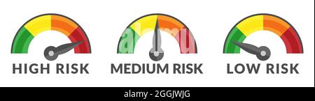 Scala indicatore di rischio misurare l'icona del tachimetro a rischio alto, medio e basso da verde a rosso isolato Illustrazione Vettoriale