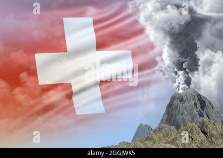 Eruzione stratovulcano di giorno con fumo bianco sullo sfondo della bandiera svizzera, problemi a causa di calamità naturali e terremoto vulcanico conce Foto Stock