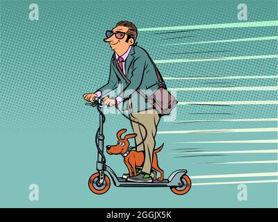 un uomo d'affari con un cane corre su uno scooter elettrico. alternativa verde ecologico trasporto urbano. Animali domestici Illustrazione Vettoriale