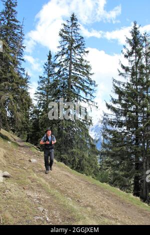 Giovane in escursione a Steppergalm 1583 m, vicino Garmisch, Alpi Ammergau, alta Baviera, Baviera, Germania, primavera, Foto Stock