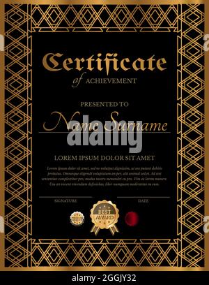 Design certificato verticale in stile classico elegante e colore oro nero Illustrazione Vettoriale