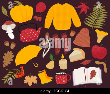 Autunno ambientato con elementi diversi. Collezione di scrapbook di elementi di stagione autunnale. Illustrazione del vettore disegnato a mano Illustrazione Vettoriale