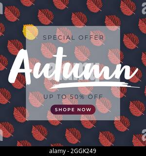 Bandiera autunnale con foglie. Modello vettoriale per banner di vendita, poster promozionale, volantino, invito, sito Web, biglietto di auguri, ecc. Illustrazione Vettoriale