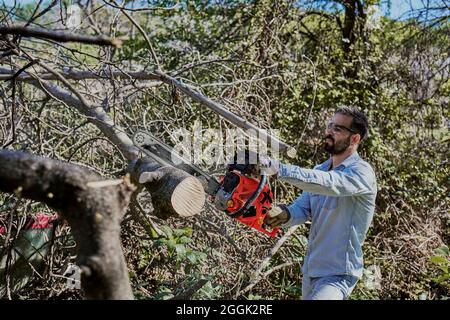 Uomo che utilizza un chainsaw Foto Stock